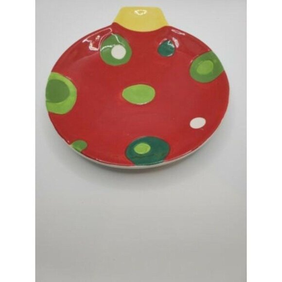 Set Of 2 Tag Ceramic Festive Holiday Plates In Ornament Shape Red Yellow Green - Picture 3 of 8